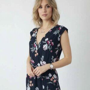 Nwot LOFT Romper Sz S Black With Vibrant Blooms Ruffle Cap Sleeves Chic & Casual